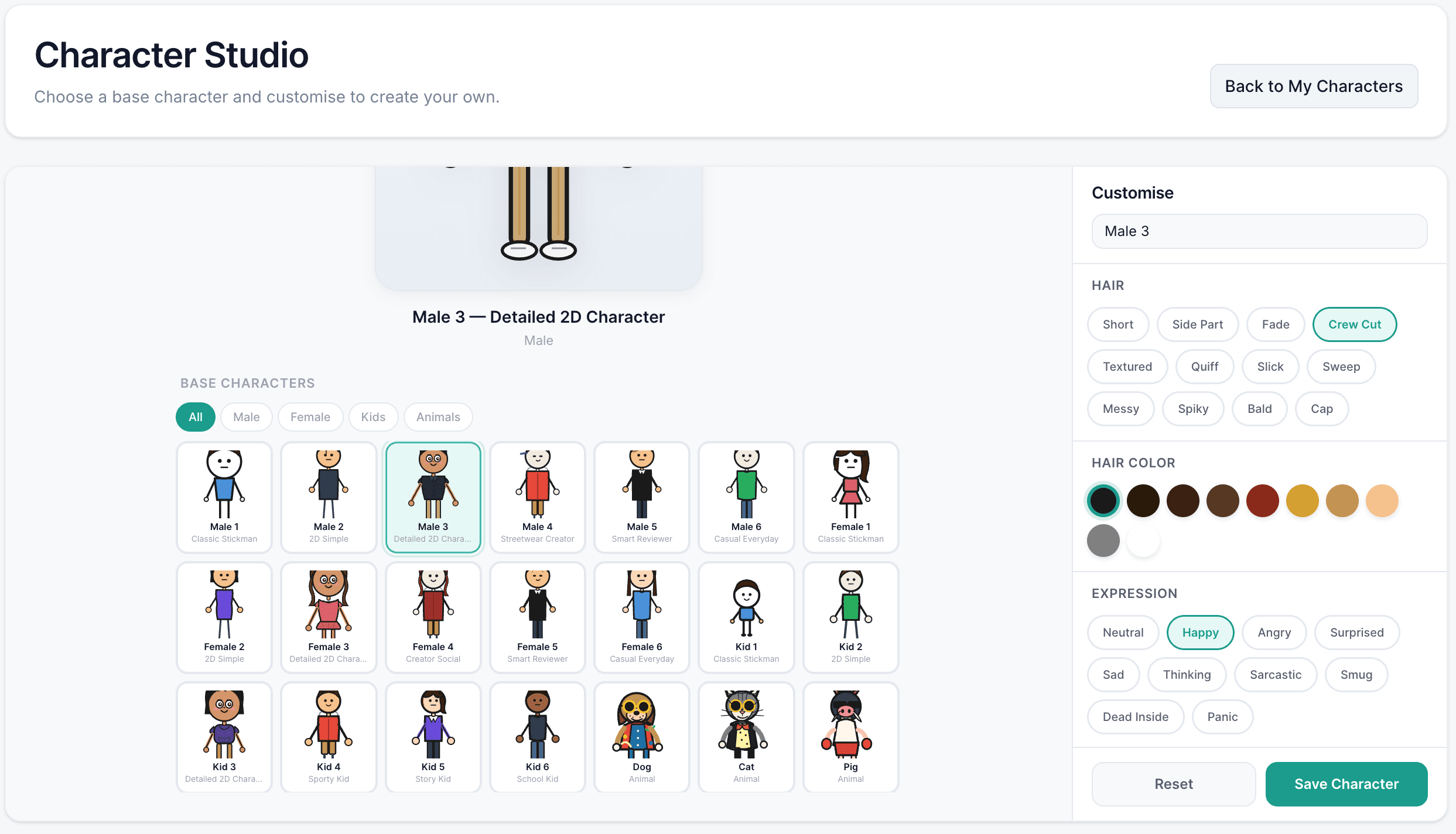 Character Studio expression and style options